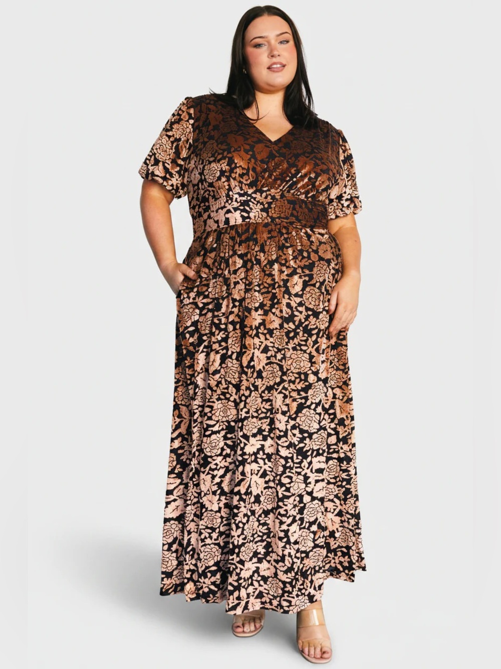 Baltic Born Leslie v neck waist gathering velvet maxi dress black bronze 2XL nwt